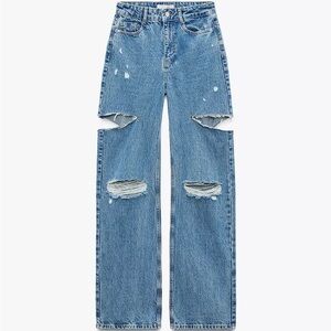 Zara Blue Distressed Wide Leg Jeans